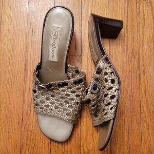 Brighton Gold Tan Woven Mule Sandals Block Heel Slides 7.5M TIFANY Glam Luxury